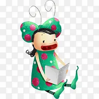 手绘绿色点状蝴蝶结女孩-空若网 手绘绿色点状蝴蝶结女孩-空若网