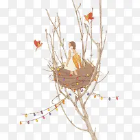 清新树枝少女插画-空若网 清新树枝少女插画-空若网