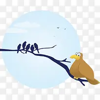 卡通可爱圆月树枝小鸟-空若网 卡通可爱圆月树枝小鸟-空若网