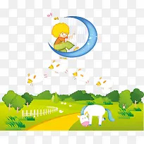 农场卡通月亮上的小孩素材-空若网 农场卡通月亮上的小孩素材-空若网