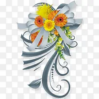 橙色黄色花朵白色彩带-空若网 橙色黄色花朵白色彩带-空若网