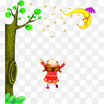 小女孩星星月亮树木卡通图案-空若网 小女孩星星月亮树木卡通图案-空若网