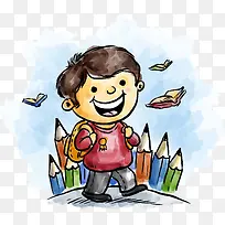 卡通水彩上学的孩子-空若网 卡通水彩上学的孩子-空若网