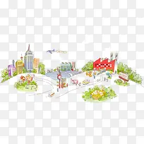 手绘彩色城市建筑群-空若网 手绘彩色城市建筑群-空若网