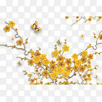 手绘黄色花朵蝴蝶树枝-空若网 手绘黄色花朵蝴蝶树枝-空若网