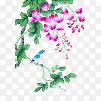 古风彩绘红花绿叶树枝-空若网 古风彩绘红花绿叶树枝-空若网