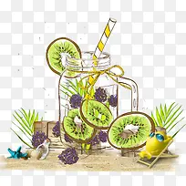 手绘猕猴桃桑葚柠檬沙滩背景-空若网 手绘猕猴桃桑葚柠檬沙滩背景-空若网