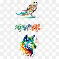 水彩艺术猫头鹰狼造型-空若网 水彩艺术猫头鹰狼造型-空若网