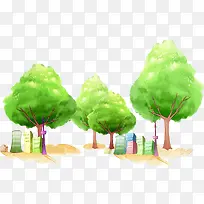 手绘插画绿色大树建筑物-空若网 手绘插画绿色大树建筑物-空若网