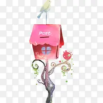 卡通手绘红色邮箱小鸟-空若网 卡通手绘红色邮箱小鸟-空若网