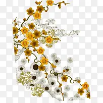 黄色小花绿叶树枝-空若网 黄色小花绿叶树枝-空若网