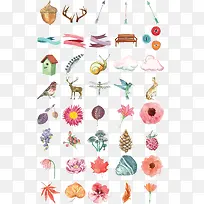 手绘水彩花卉植物动物矢量素材-空若网 手绘水彩花卉植物动物矢量素材-空若网