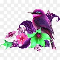 手绘花朵上的紫色麻雀-空若网 手绘花朵上的紫色麻雀-空若网