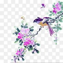 水墨画蓝色树枝小鸟-空若网 水墨画蓝色树枝小鸟-空若网