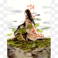 手绘荷花古风插画-空若网 手绘荷花古风插画-空若网