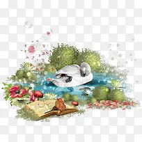 手绘天鹅池塘绿草-空若网 手绘天鹅池塘绿草-空若网