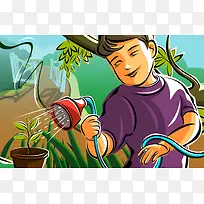 手绘彩色浇花男生-空若网 手绘彩色浇花男生-空若网