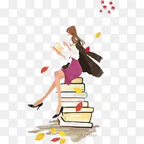 手绘时尚美女在看书素材-空若网 手绘时尚美女在看书素材-空若网