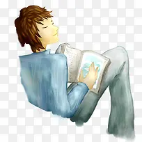 手绘蓝色水彩看书的人-空若网 手绘蓝色水彩看书的人-空若网