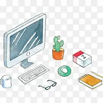 水彩手绘台式电脑-空若网 水彩手绘台式电脑-空若网