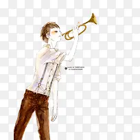 吹喇叭的少年手绘插画-空若网 吹喇叭的少年手绘插画-空若网