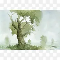 水彩绿色大树风景-空若网 水彩绿色大树风景-空若网