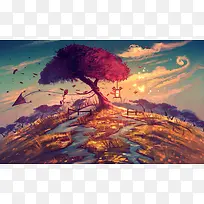 手绘漫画红色大树-空若网 手绘漫画红色大树-空若网