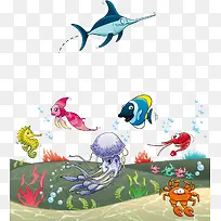 卡通海底鲨鱼水母矢量素材-空若网 卡通海底鲨鱼水母矢量素材-空若网