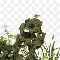 水墨画假山小鸟绿草-空若网 水墨画假山小鸟绿草-空若网