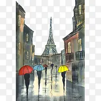 埃菲尔铁塔与街道上打伞的行人-空若网 埃菲尔铁塔与街道上打伞的行人-空若网