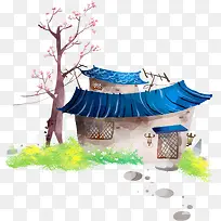 手绘水彩蓝色房子-空若网 手绘水彩蓝色房子-空若网