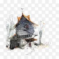 水彩雪天建筑插画-空若网 水彩雪天建筑插画-空若网