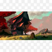 水彩红色房屋插画-空若网 水彩红色房屋插画-空若网