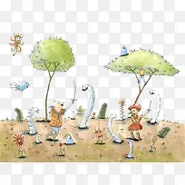 手绘卡通树木蛇和人-空若网 手绘卡通树木蛇和人-空若网