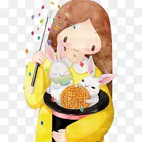 手绘卡通女孩中秋快乐元素-空若网 手绘卡通女孩中秋快乐元素-空若网