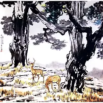 ˮī���ֲݵ�С¹�廭-������