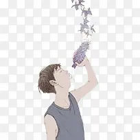 淡紫色叶子喝水少年-空若网 淡紫色叶子喝水少年-空若网