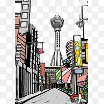 手绘城市插画-空若网 手绘城市插画-空若网