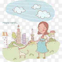 手绘插画遛狗孕妇-空若网 手绘插画遛狗孕妇-空若网