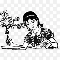作文本女孩写字插画-空若网 作文本女孩写字插画-空若网