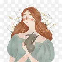 手绘女人与小兔子插画-空若网 手绘女人与小兔子插画-空若网