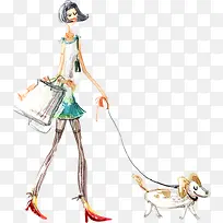 卡通手绘女孩牵狗狗-空若网 卡通手绘女孩牵狗狗-空若网