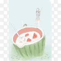 手绘夏天西瓜女孩插画-空若网 手绘夏天西瓜女孩插画-空若网
