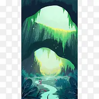 手绘绿色大山洞插画-空若网 手绘绿色大山洞插画-空若网