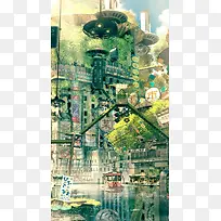 手绘日式街道插画-空若网 手绘日式街道插画-空若网