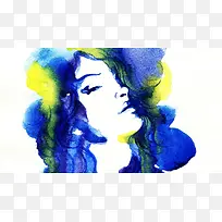 手绘蓝色水彩美女-空若网 手绘蓝色水彩美女-空若网