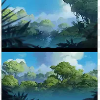 手绘绿色美景插画-空若网 手绘绿色美景插画-空若网