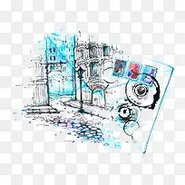 水彩街道建筑-空若网 水彩街道建筑-空若网