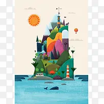 手绘彩色房屋植物-空若网 手绘彩色房屋植物-空若网