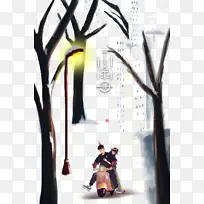 冬季小雪手绘人物雪花树枝路灯-空若网 冬季小雪手绘人物雪花树枝路灯-空若网